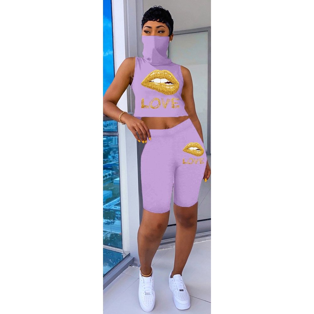 KL520LP Light Purple Printed Lip Veil Short Set